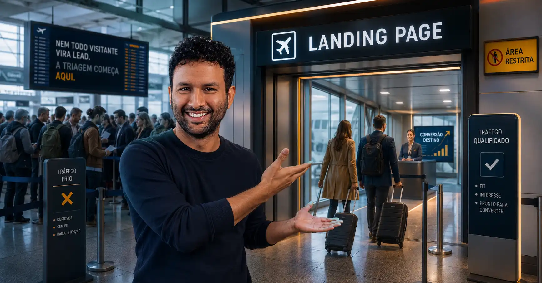 Landing page para tráfego pago aberta no notebook ao lado de painel de campanha de anúncios